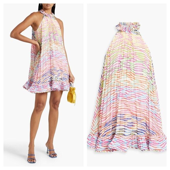 NEW Amur Estfan Pleated Ruffled Printed Mini Dress in Double Rainbow Women's 0 - Picture 1 of 9